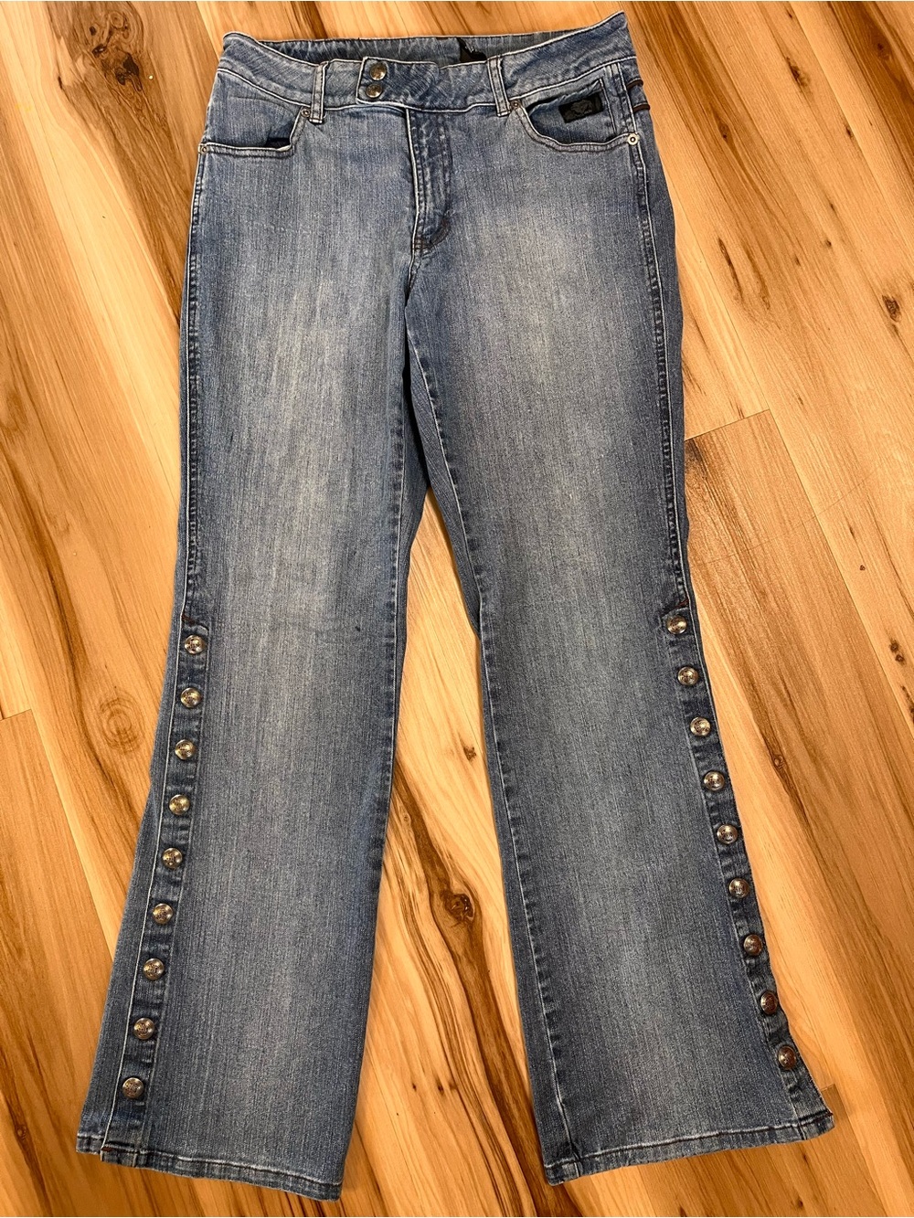 Vtg Y2K Harley Davidson Womens 8 Side Snap Boot Cut Biker Jeans Motorcycle Skull